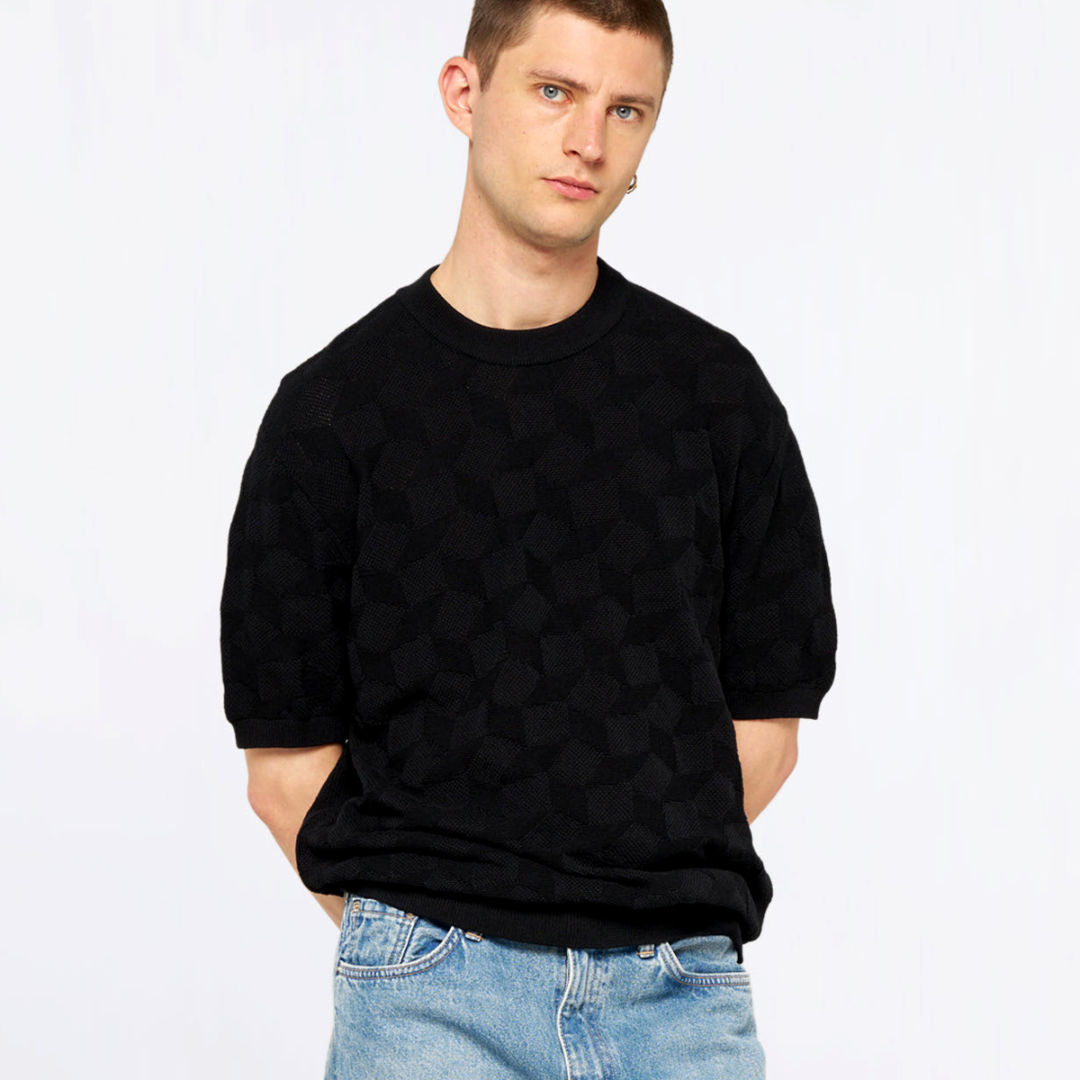 Block Knitted T-Shirt - Black