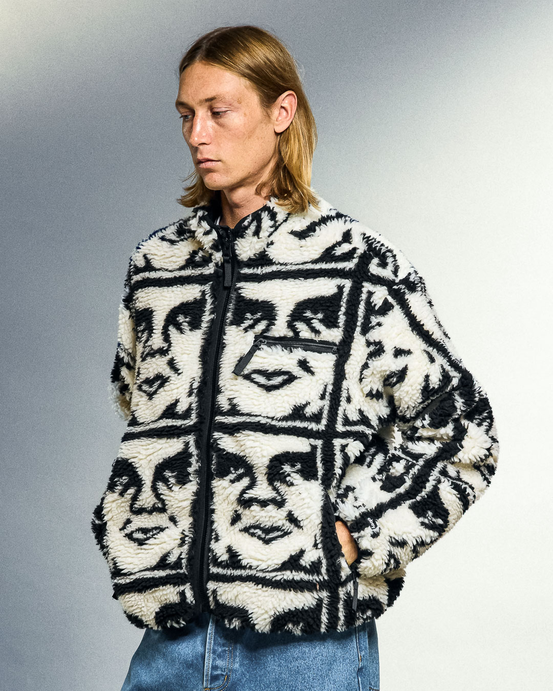 Repeated Icon Sherpa Jacket - Black White