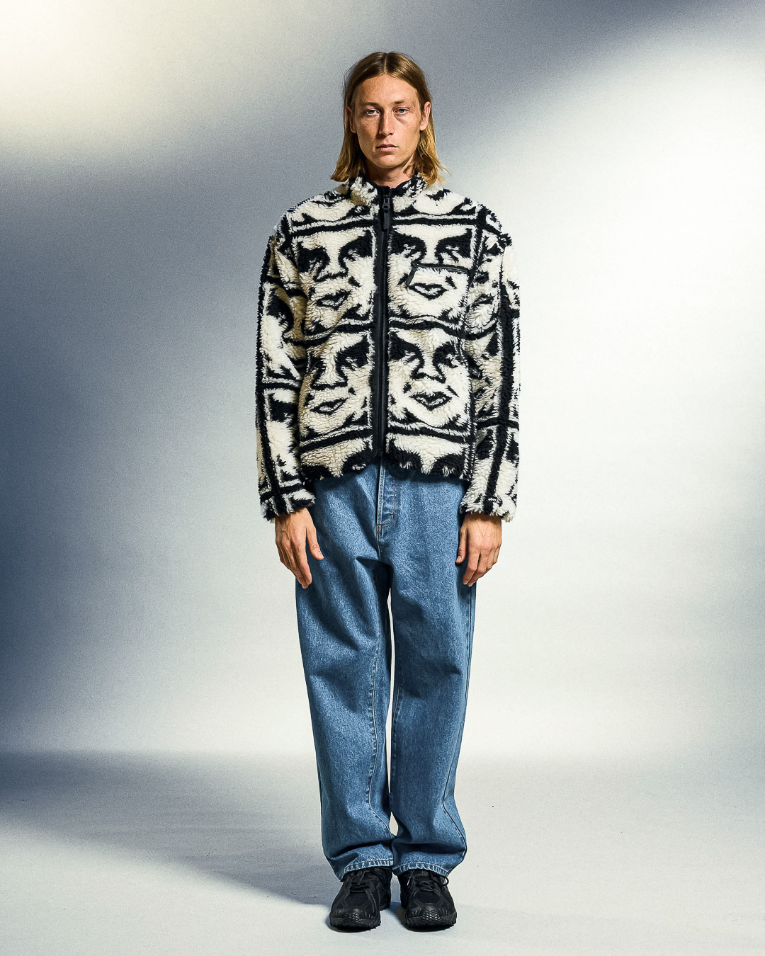 Repeated Icon Sherpa Jacket - Black White